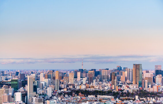 High angle view of tokyo city skyline at twilight with tokyo skytree in the distance. urban landscape with dense skyscrapers and residential buildings under a soft pastel sky. japanese metropolis.