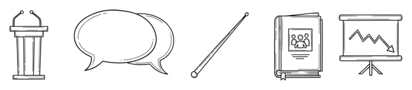 Versatile hand drawn icons for presentation and communication including podium, speech bubbles, pointer, educational book, and decline graph for business and academic visual needs.