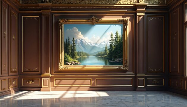 Ornate gold framed landscape painting hangs in a luxurious room. Majestic mountains reflect in a clear lake surrounded by evergreen trees and bright sunlight streams through clouds.