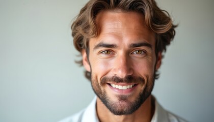 Obraz premium Man with light brown hair and beard smiles warmly. His hazel eyes look invitingly. He has tanned skin and a casual demeanor. He poses for a headshot.