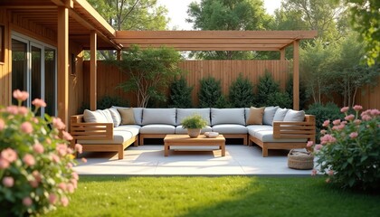Fototapeta premium Modern wooden sectional sofa with cushions on patio. Outdoor seating area with coffee table, plants, and garden fence. Relaxing backyard space with rich green grass and flowers.
