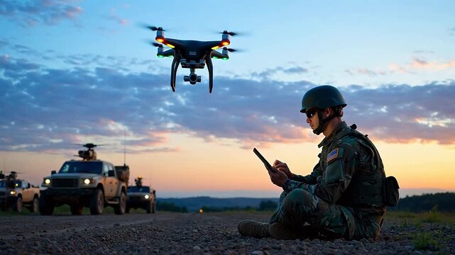 Premium Soldier operating drone with vehicles in background for Contemporary Lifestyle and Visual Storytelling