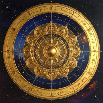 Ornate gold astrology wheel with starry night background