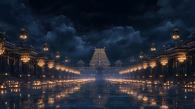 Majestic Temple Illuminated with Lamps Under Dark Cloudy Sky During Night Festival