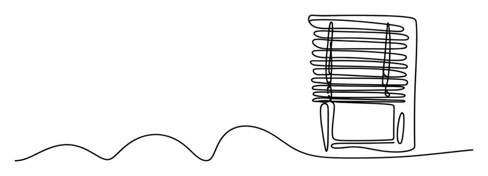 Continuous single line drawing depicting a modern building or skyscraper with horizontal window blinds and a flowing landscape base ideal for architectural concepts or minimal graphic