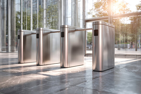 Three stainless steel turnstiles stand in an office building with sunlight filtering through glass. Rays light up the turnstile details and the marble tiles below