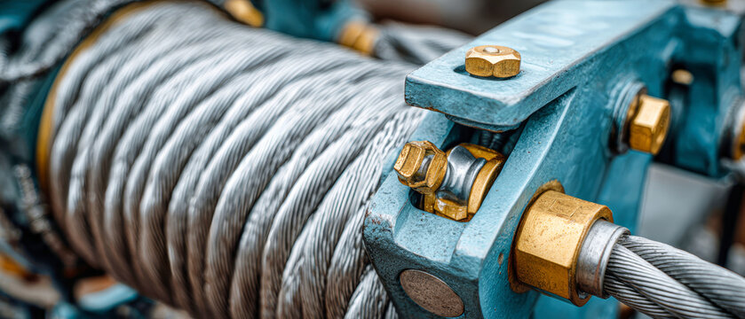 A detailed view shows a steel cable and winch designed for lifting loads. Tools are neatly arranged with gold metal gears connected to the cable