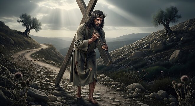 Jesus Christ Carrying Cross Lonely Landscape.