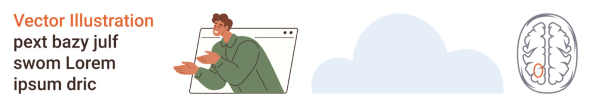 Technology, mental health, neuroscience education, human behavior, online communication, web design. A person gesturing near a browser window and a brain diagram. Technology and neuroscience visual