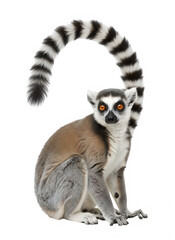 Fototapeta premium Ring-tailed lemur with striking orange eyes and long tail on transparent background
