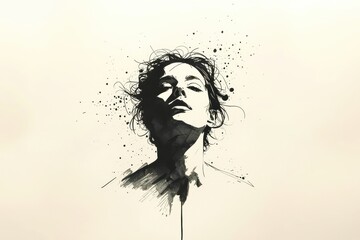 Fototapeta premium Ink sketch of woman's head with expressive splatters