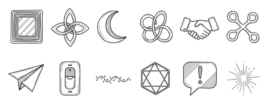 Versatile hand drawn doodle icon collection depicting symbols of communication, technology, nature, and spirituality, ideal for modern web interfaces, digital media, and engaging print