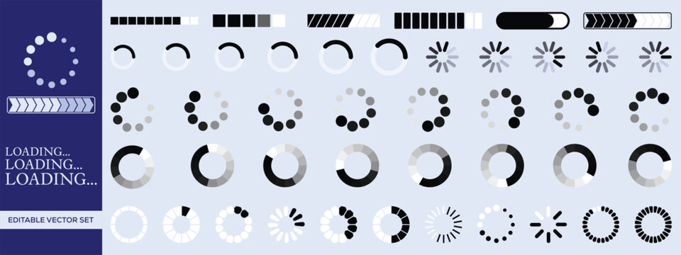 Loading Spinner and Progress Bar Elements Set &ndash; Circular Indicators, UI Preloader and Percentage Loader Vector Collection