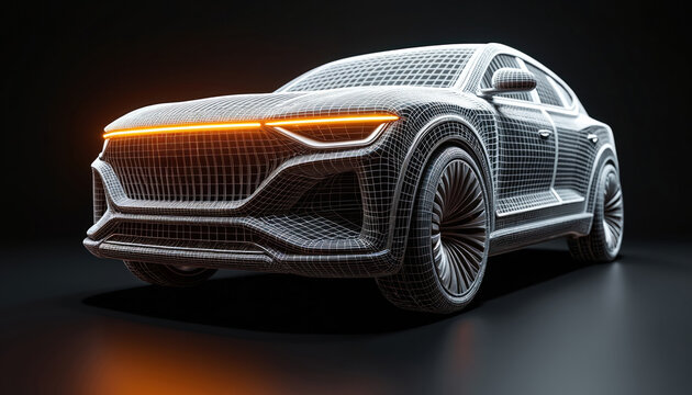 Wireframe model of futuristic SUV with glowing orange accent lights. This digital render visualizes automotive design, engineering concepts. Sleek vehicle design shows off innovation, performance.