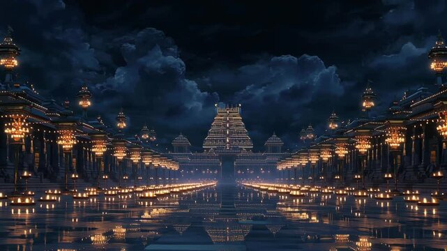 Majestic Temple Illuminated During Night with Traditional Architectural Elements and Ornate Lighting