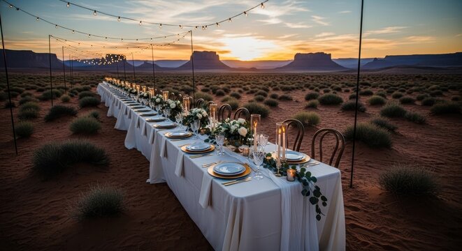 long white table set for dinner in the desert at sunset with mountains desert landscape table settin