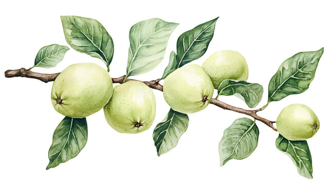 2D watercolor painting of a guava tree on a branch.