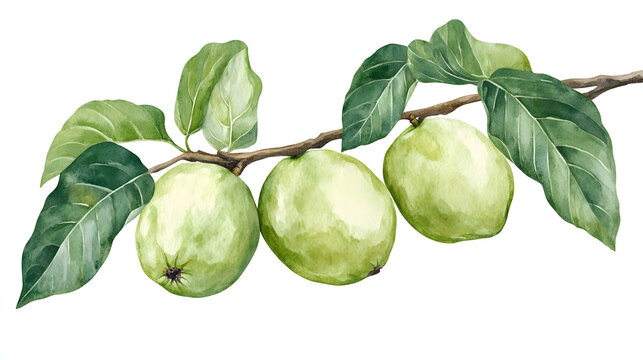 2D watercolor painting of a guava tree on a branch.