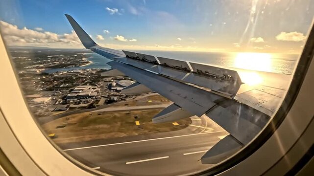 Airplane wing view of landing on sunny coastal runway with cityscape, sea, and blue sky