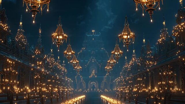 Majestic Temple Interior with Ornate Chandeliers and Illuminated Decorations for Religious Celebrations