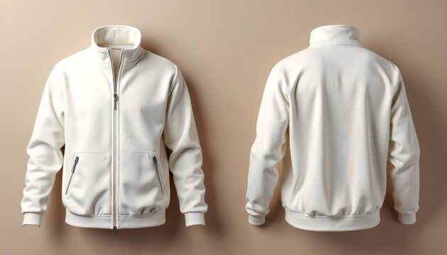 White fleece zip-up jacket with pockets shown front and back. Neutral casual outerwear for men and women. Soft textured layer, perfect for cool weather.