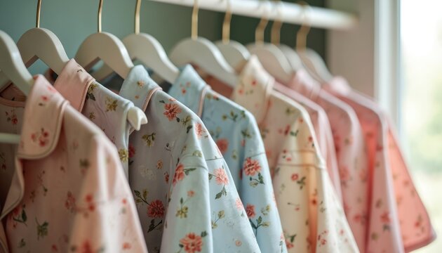Several matching floral print pajamas hang side by side. Pastel colored nightwear on wooden hangers arranged neatly in a row. Soft fabric clothes create a cozy aesthetic.