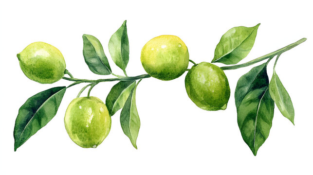 2D watercolor illustration of a lemon on a branch.