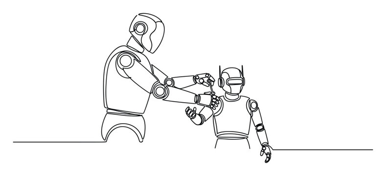 A larger robot meticulously assists a smaller robot with a tool, symbolizing mentorship and technological development for robotics innovation and future education in automation.