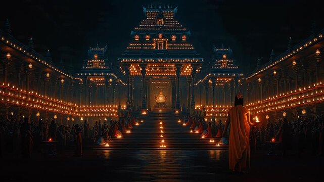 Night View of Temple Illuminated with Thousands of Oil Lamps During Lord Venkateshwara Festival Celebration