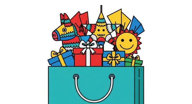 A teal shopping bag filled with colorful gifts and party supplies on a white background with a smili
