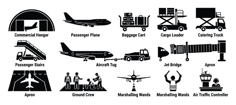 A comprehensive set of airport operations icons showcasing ground support equipment, aircraft, ground crew, and air traffic control, ideal for aviation industry presentations and