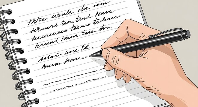 Focused Hand Writing Longhand in Spiral Notebook