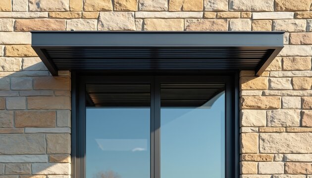 Modern metal awning over large window on textured stone wall. Clean lines offer shade and architectural detail. Sky reflects in glass pane, sunlit exterior.