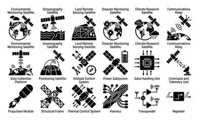 Fototapeta premium Collection of black and white satellite and spacecraft component icons representing various functions like environmental monitoring, communication, and data handling for science and