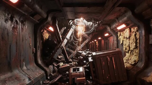 Long corridor inside abandoned spaceship concept. Dark abandoned industrial corridor with rusted metal walls debris and dramatic lighting in futuristic setting
