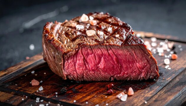 Juicy grilled steak with salt on wooden board in dark setting