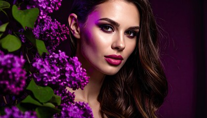 Fototapeta premium Elegant woman with purple flowers in dramatic lighting