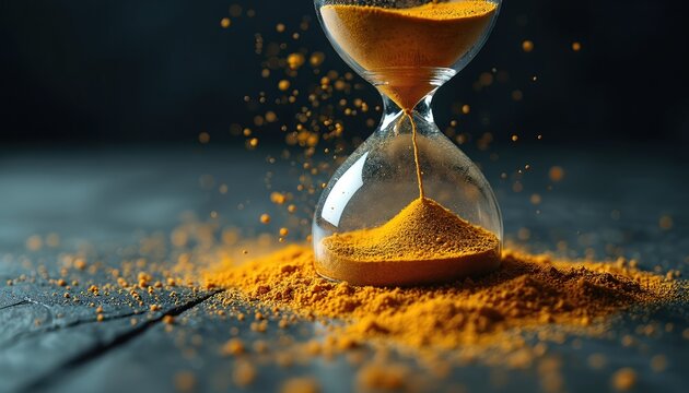 Cracked hourglass spills golden sand representing lost time. Urgency and deadlines loom as sand flows quickly. Project completion risks loom.
