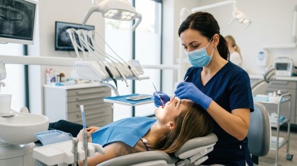 Fototapeta premium Female dentist examining patient's teeth during a routine check-up in a modern dental office, emphasizing professional oral healthcare and patient comfort.