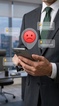 Businessman holding smartphone displaying star ratings and a sad face emoji