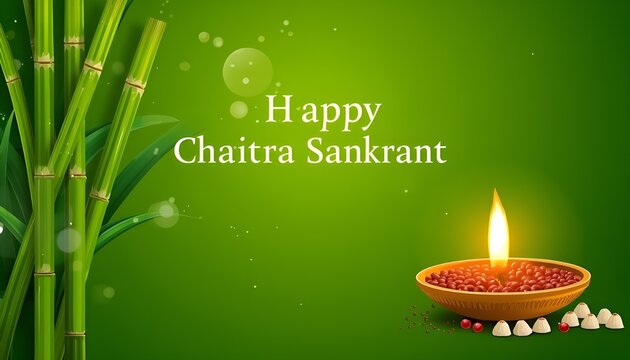 happy chaitra sankranti greeting banner with burning oil lamp and fresh bamboo sticks on vibrant green background