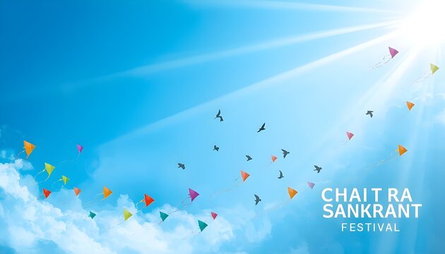 chaitra sankranti festival background with colorful kites flying in bright blue sunny sky with clouds