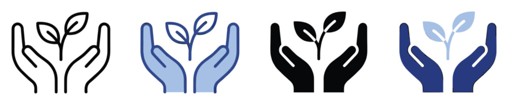 Human hands gently cradling a young plant sprout, symbolizing environmental care, natural growth, and sustainable future, perfect for ecological awareness icons and protection graphics