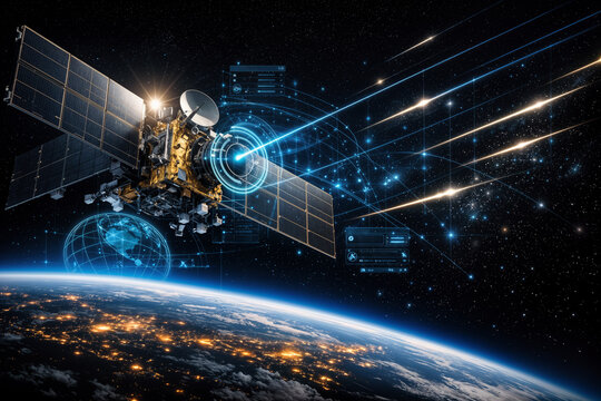 Telecommunications satellite using Space Situational Awareness SSA holographic tracking Lyrid meteor shower monitoring orbital debris navigation and planetary defense over Earth horizon