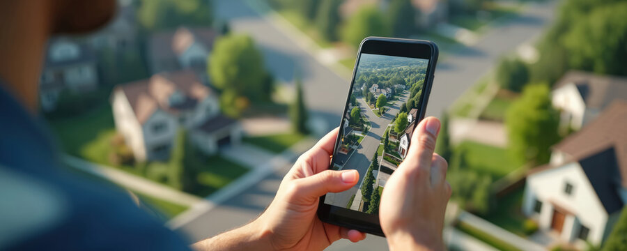 Person uses smartphone to view suburban houses from above. Digital map shows residential neighborhood with streets and homes. Technology aids property search and real estate decisions.