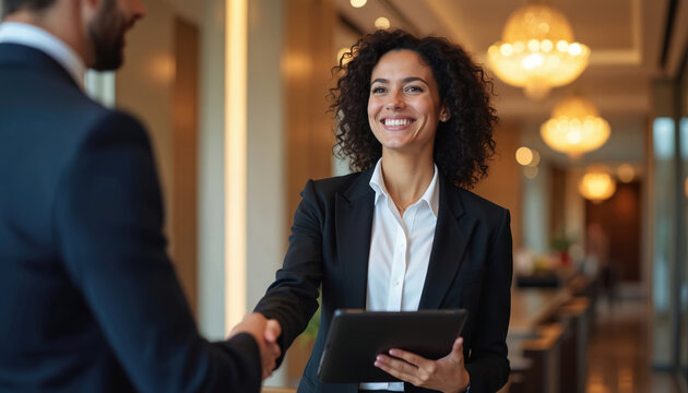 Smiling hotel staff member shakes guest hand holding tablet. Professional hospitality and luxury service in a modern lobby. Warm indoor light, positive welcome.