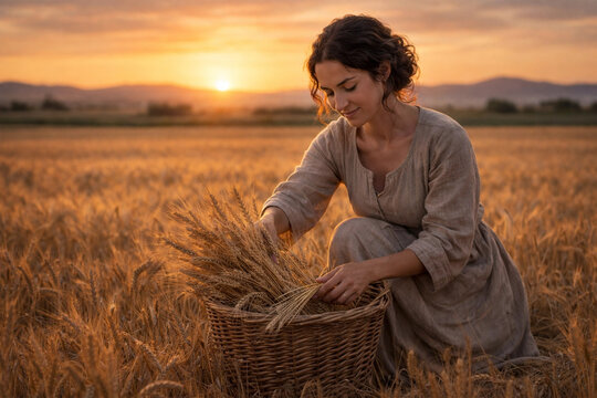 Biblical Ruth finds peace holding wheat sheaves in a glowing golden sunset field.