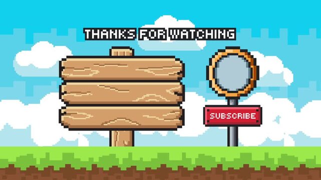 Pixel art wooden signboard outro with rope hanging subscribe button grassy base retro gaming end screen optimized for ProRes 4K 60fps high quality export