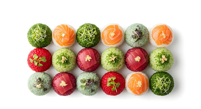 Colorful temari sushi balls arranged in a modern geometric pattern isolated on a pure white background