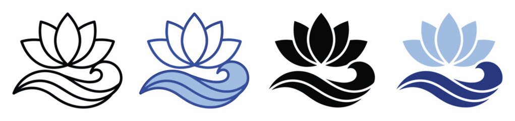 Naklejka premium Versatile lotus flower and stylized wave icon set suitable for diverse branding projects, spiritual wellness designs, spa logos, and aquatic themed applications